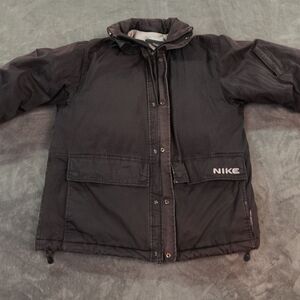 VTG Nike Jacket Mens Medium Black Insulated Distressed Parka Hood Down Coat READ